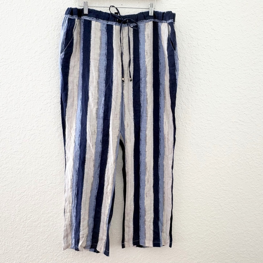 Ellen Tracy Striped Wide Leg 100% Linen Pants XL Blue Drawstring‎ ERMS9LP051